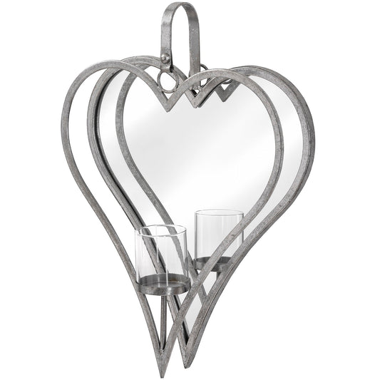 Large Antique Silver Mirrored Heart Candle Holder - BleakToSheek