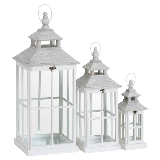 Set Of 3 White Window Style Lanterns With Open Top - BleakToSheek