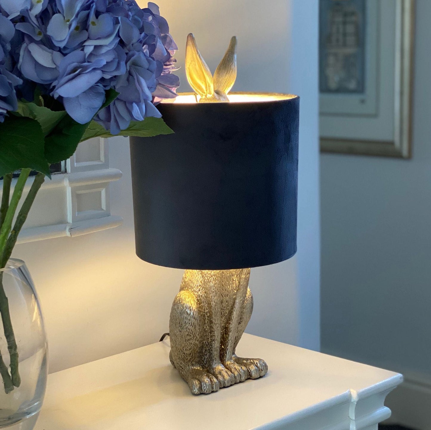 Silver Hare Table Lamp With Grey Velvet Shade - BleakToSheek